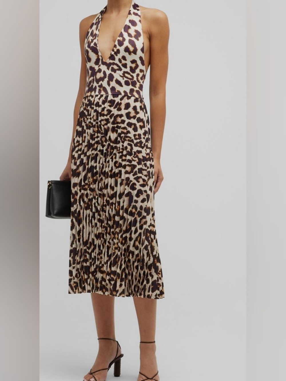 Leopard-Print Pleated Midi Halter Dress in Beige and Brown